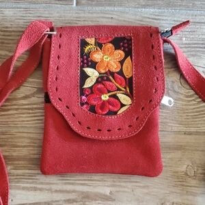 Red Floral Sift Suede Embroidered Crossbody Bag Wuth Adjustable Strap